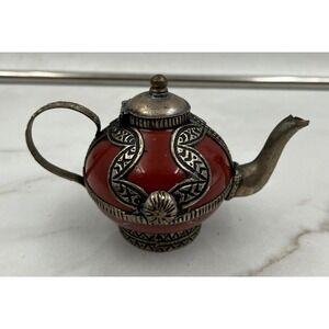 Vintage Moroccan Miniature Teapot Red Ceramic Silver Metal Filigree Decorative